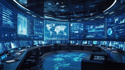 High-tech digital office with multiple screens displaying complex data visualizations.