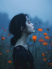 Naklejka premium A person stands in a vibrant field of orange flowers during dusk, with the background softly blurred and the flowers in sharp focus, creating a dreamy and peaceful scene.