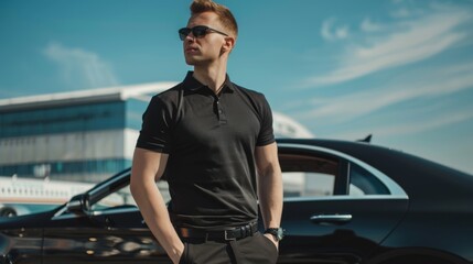 A confident man in a black polo shirt and sunglasses stands next to a luxurious car, reflecting modern sophistication and success in a sleek, urban setting.