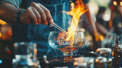 A bartender expertly ignites a cocktail, creating a striking flame above a glass at a lively outdoor bar filled with guests.