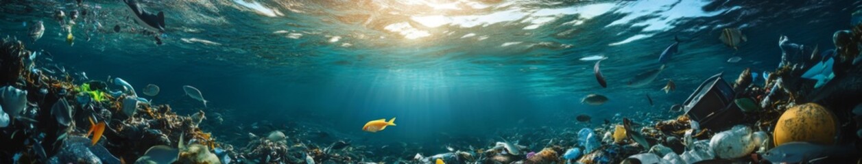 Fototapeta premium Marine Litter Parable: The Tale of Ocean Pollution and the Quest for Environmental Conservation on World Oceans Day.