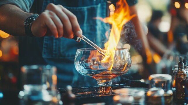 A bartender expertly ignites a cocktail, creating a striking flame above a glass at a lively outdoor bar filled with guests.