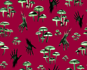Gothic style seamless pattern with growing mushrooms. Halloween themed graphic print for clothing, fabric, wallpaper, home decor, wrapping paper.