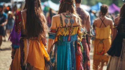Fototapeta premium A group of festival-goers dressed in vibrant, eclectic outfits strolls through a bustling outdoor event under a sunny sky.