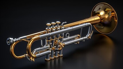 Fototapeta premium A meticulous close-up image of a shiny trumpet detailed with reflective surfaces, set against a dark background, emphasizing the instrument's sleek design and musical elegance.