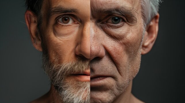 An image split into two sections, showcasing side-by-side views of a middle-aged and an elderly man's faces, illustrating the effects of aging over time.
