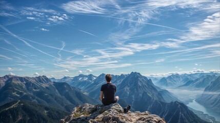 A man sits on a rocky peak, enjoying the breathtaking view of mountains under a clear blue sky, representing adventure and tranquility..