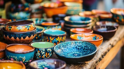 Various handcrafted pottery pieces are arranged on a wooden table, showcasing intricate designs and bright colors under warm afternoon light.