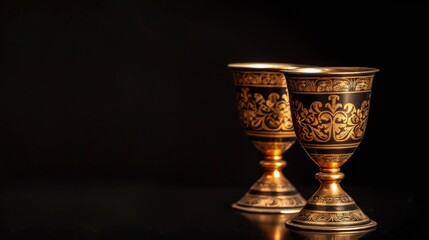 A pair of colorful ornate golden goblets are displayed on a reflective black background, showcasing intricate craftsmanship and classic design with floral patterns.