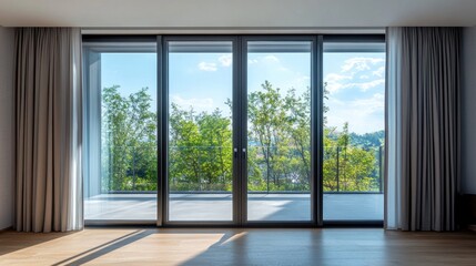 Obraz premium Large sliding glass doors with blackout curtains, offering privacy and light control in a modern home.