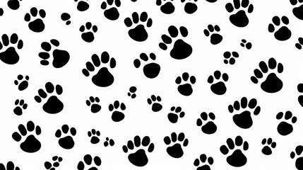 Fototapeta premium This repetitive pattern features various sizes of black paw prints scattered across a white background, creating a playful and visually engaging design that is both simple and charming.