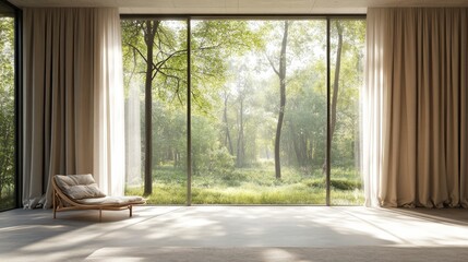 Large windows with floor-length curtains, allowing natural light to flood the spacious interior.