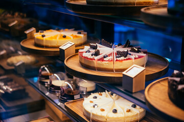 Different kinds of cakes on sale in a bakery or a coffee shop.