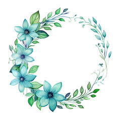 Fototapeta premium Watercolor cyan flowers and green leaves circular frame