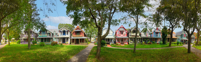 colorful gingerbread houses, cottages in Oak Bluffs center, Martha's Vineyard island in...