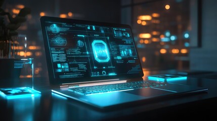Obraz premium Minimalist digital business setup with a glowing laptop and a virtual holographic screen.