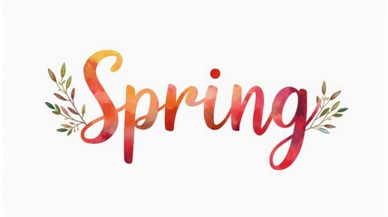 Colorful Spring Text with Decorative Leaves Illustration for Seasonal Greetings and Graphic Design