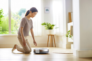 Smart robot vacuum cleaner operated by a Asian woman in a minimalist living room filled with natural light. Concept of ease of maintaining a clean home with advanced technology