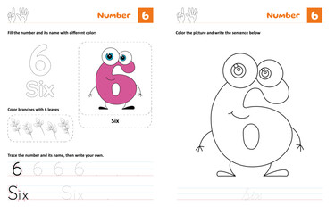 Trace and color number - 6 - worksheet - counting finger - cursive letter - Tracing letters guides - Funny cartoon number (editable stroke - perfect design)