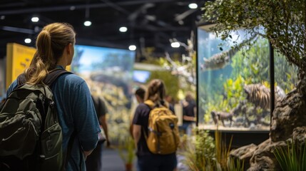 Visitors admire detailed aquatic displays and nature exhibits in a well-lit indoor setting filled with greenery.