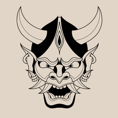 Hand drawn traditional tattoo of a Japanese oni mask outline 14
