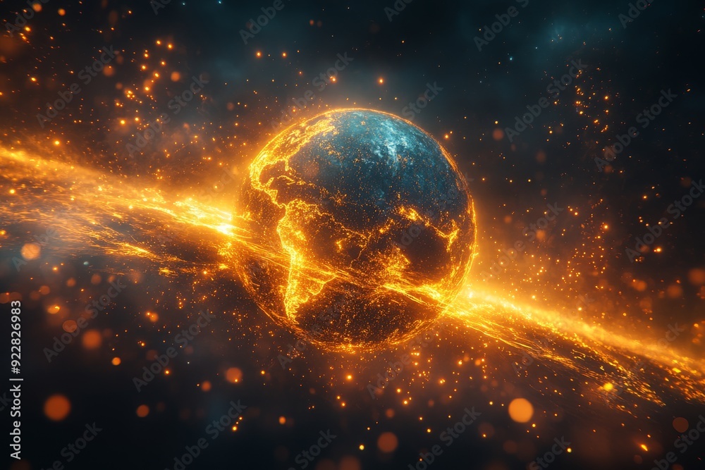 Wall mural planet earth exploding in space with fiery energy and glowing light, depicting a cosmic catastrophe