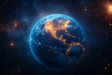 Earth at night from space with illuminated continents and city lights, surrounded by stars in the cosmic landscape