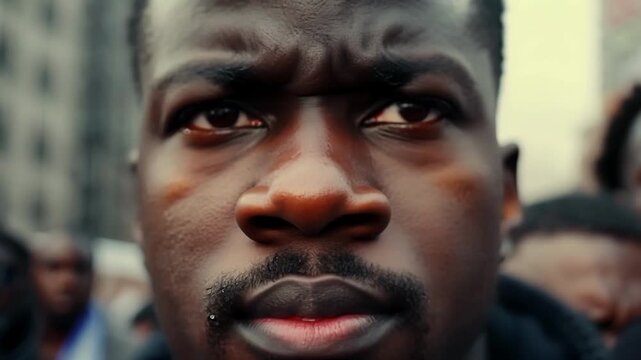 An intense closeup of a protesters furrowed brow and tightly pursed lips a clear indication of their determination and anger.