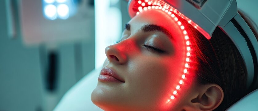 Female patient undergoes red LED light or RLT therapy for skin rejuvenation at modern luxury aesthetic clinic
