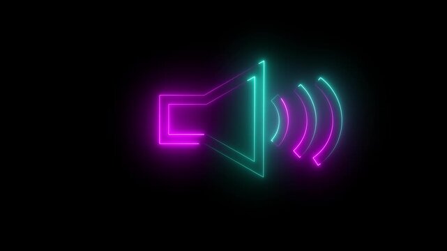  neon pink and purple color sound icon audio music speaker animation on black background.