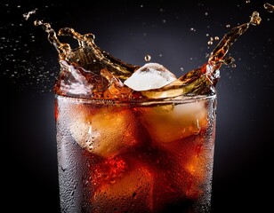 Cold cola drink in a glass with a splash effect
