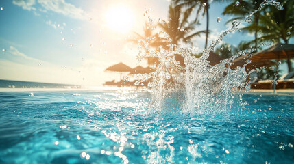 Swimming Pool Water Splash on a Sunny Day with a Blurred Beach in the background