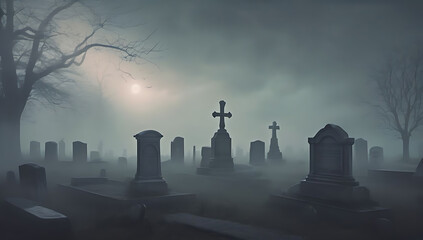 Halloween background spooky foggy cemetery room for copy