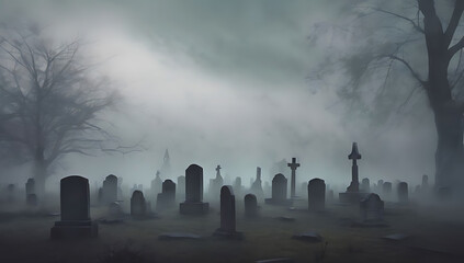 Halloween background spooky foggy cemetery room for copy