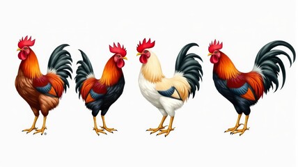 Fototapeta premium Colorful Roosters Illustration - Four Vibrant Cartoon Roosters on White Background