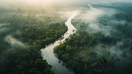 aerial views of the Amazon River on a foggy sunrise