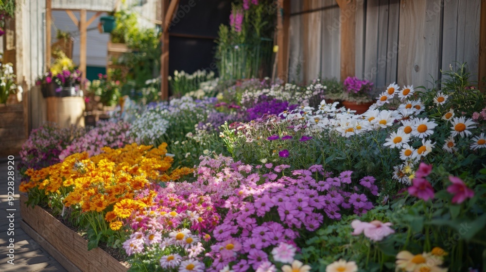 Poster a vibrant array of blooming flowers is on display at a local market, showcasing a variety of colors 