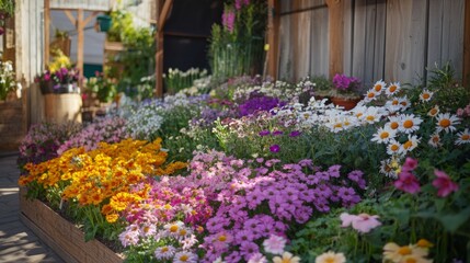 A vibrant array of blooming flowers is on display at a local market, showcasing a variety of colors and types during a sunny spring day.