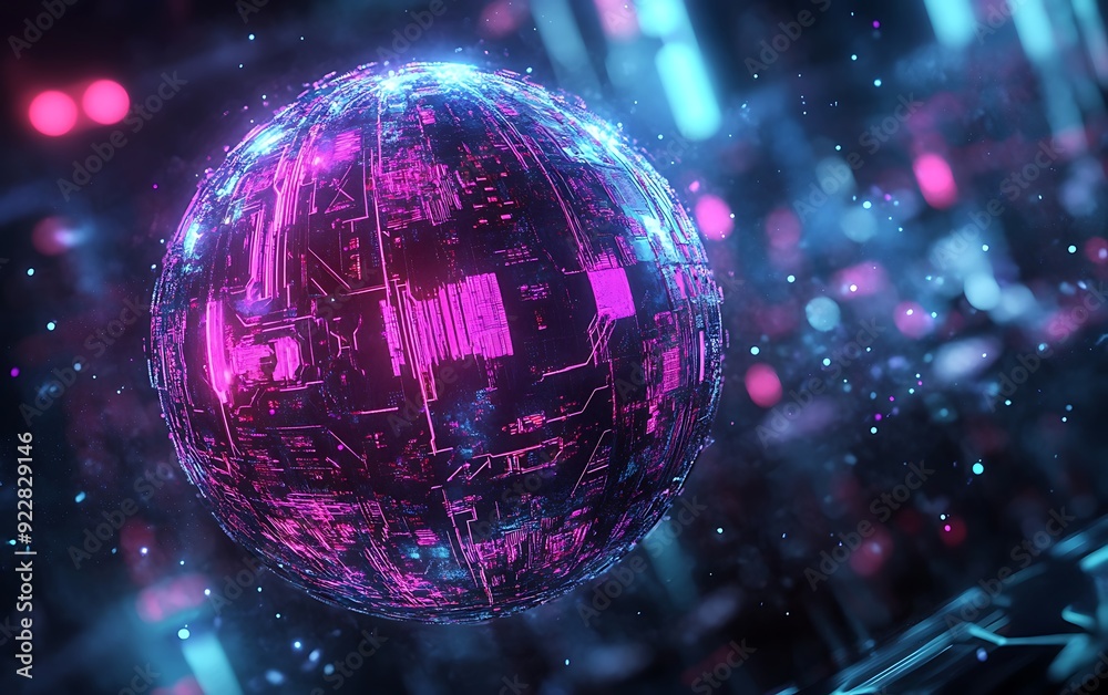 Aufkleber Abstract Glowing Sphere with Intricate Geometric Patterns and Circuits Floating in a Digital Starry Space