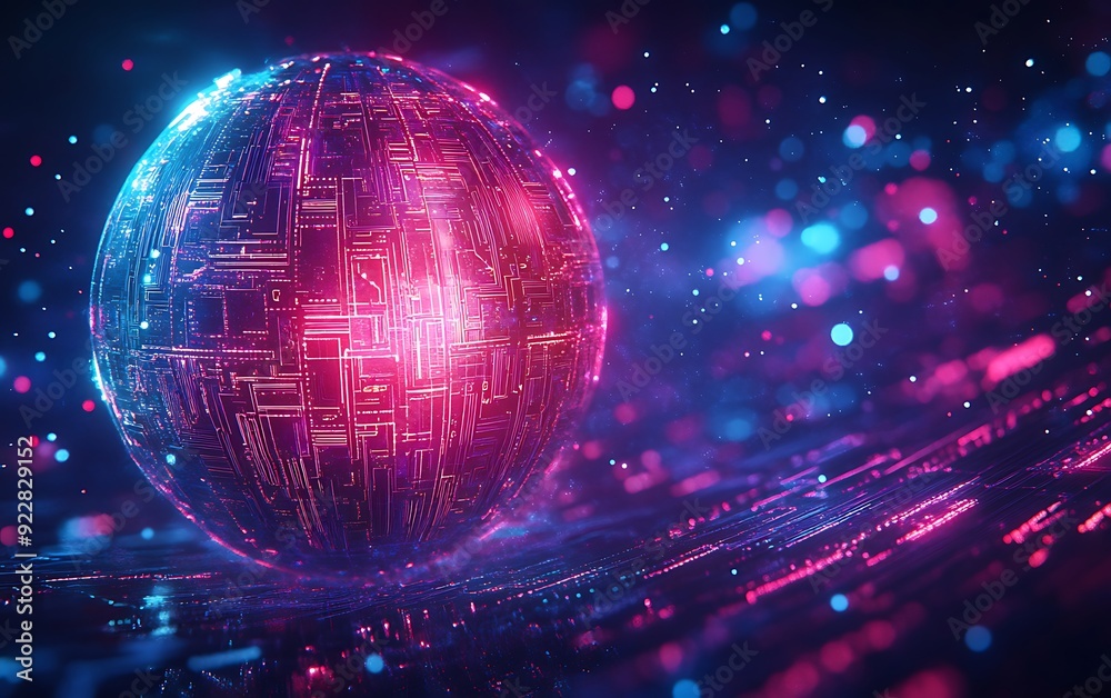 Poster Abstract Glowing Sphere with Intricate Geometric Patterns and Circuits Floating in a Digital Starry Space