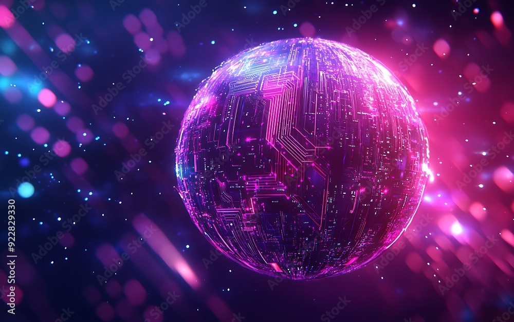Aufkleber Abstract Glowing Sphere with Intricate Geometric Patterns and Circuits Floating in a Digital Starry Space