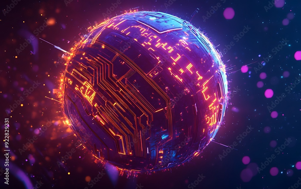 Aufkleber Abstract Glowing Sphere with Intricate Geometric Patterns and Circuits Floating in a Digital Starry Space