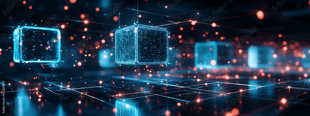 Poster Futuristic AI Representation with Glowing Cubes Connected by Light Streams, Hovering in a Dark Digital Space