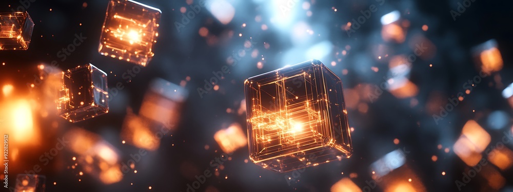 Aufkleber Futuristic AI Representation with Glowing Cubes Connected by Light Streams, Hovering in a Dark Digital Space