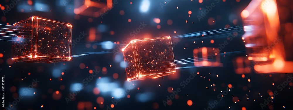 Poster Futuristic AI Representation with Glowing Cubes Connected by Light Streams, Hovering in a Dark Digital Space