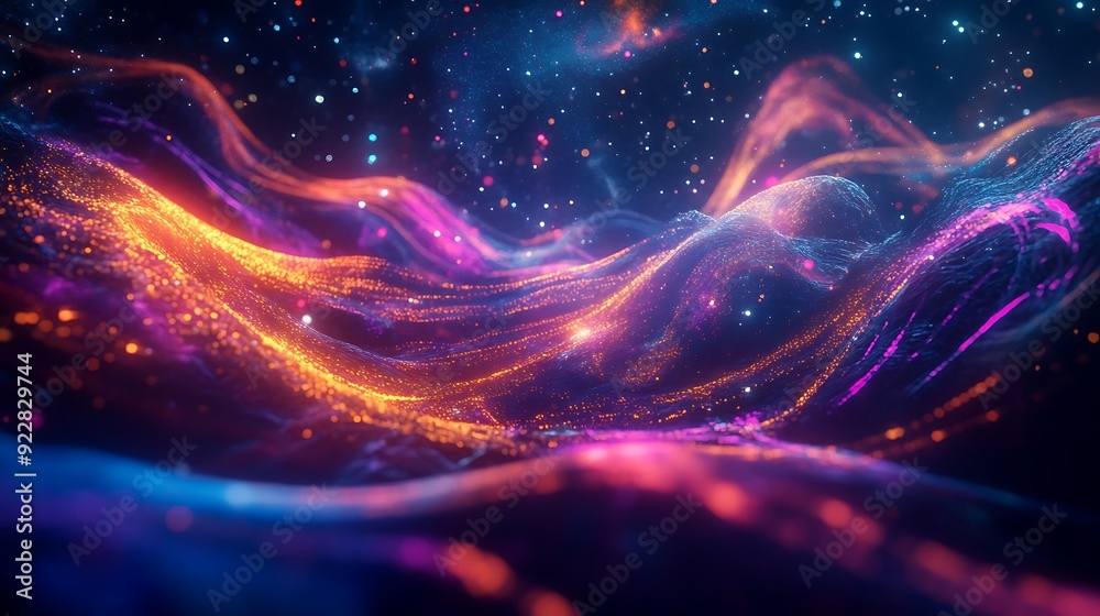 Poster 3D Visualization of Background Music with Glowing Waveforms Pulsing in a Futuristic Dark Space