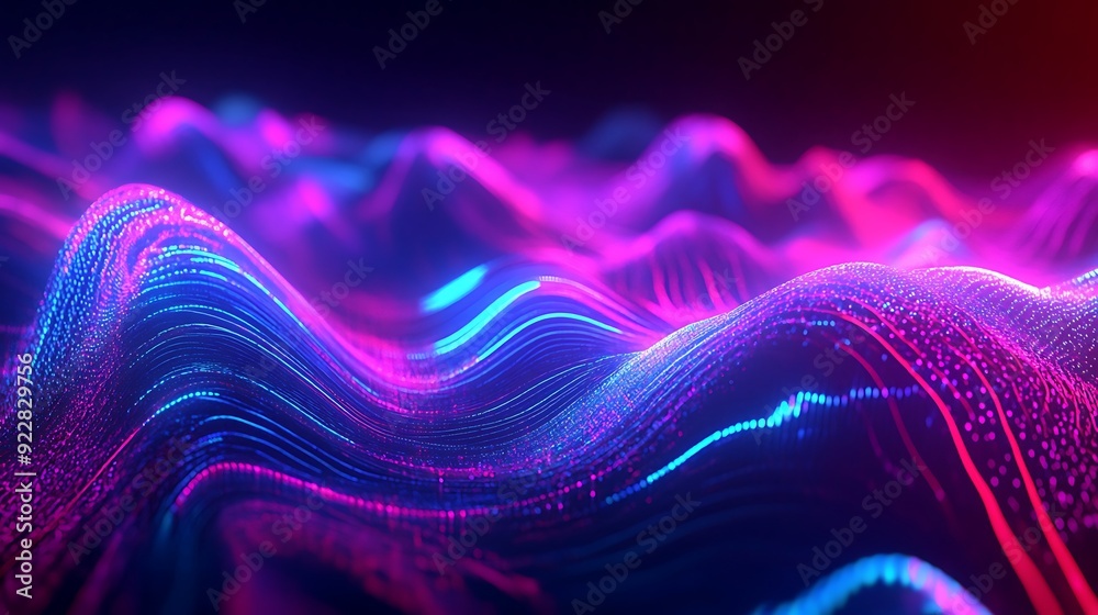 Aufkleber 3D Visualization of Background Music with Glowing Waveforms Pulsing in a Futuristic Dark Space