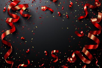 Red ribbons and confetti on black background.