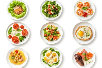 set of various plates of food isolated on a white background, top view - generative ai