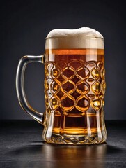 A sleek, clear glass beer mug with a foamy head of beer rests on a matte black surface.